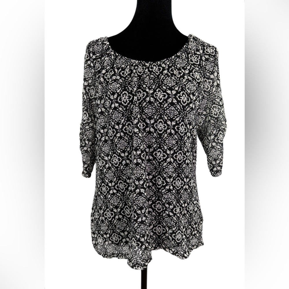 Choices Black & White Sheer Patterned Scoop Neck Blouse Size M